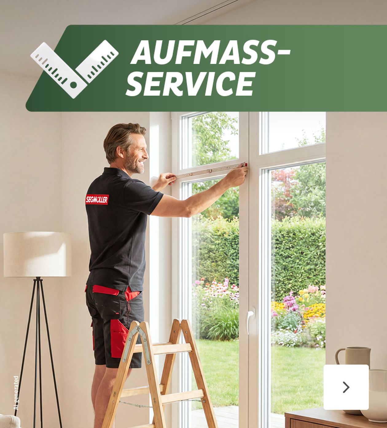 Mann misst Fensterrahmen in hellem Raum mit Gartenblick; Text "Aufmaß-Service" oben im Bild.