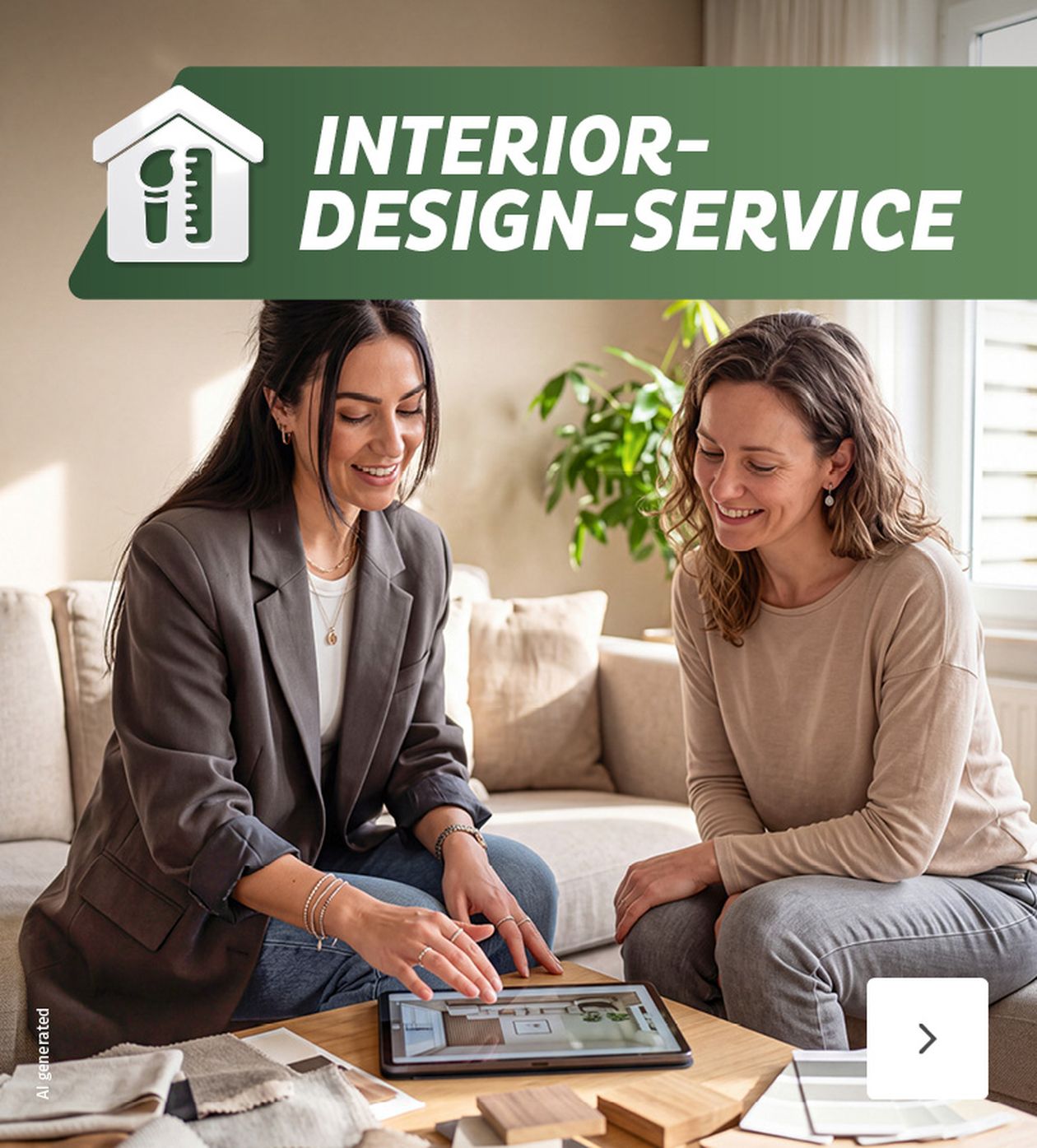 Zwei Frauen sitzen auf einem Sofa und diskutieren über ein Tablet-Display in einem gemütlichen Wohnzimmer. Ein Schild oben zeigt "Interior-Design-Service".