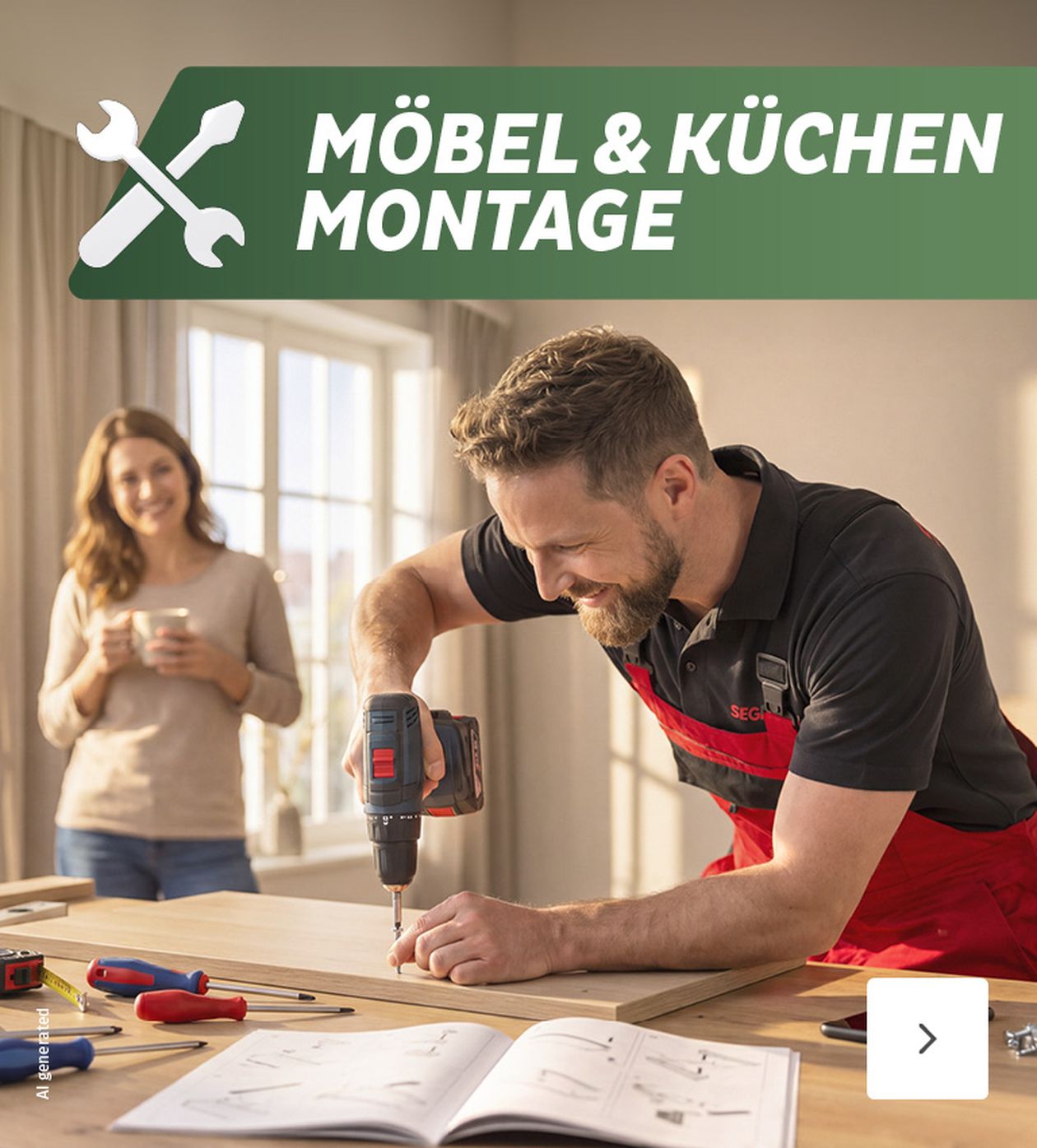 Ein Mann in Arbeitskleidung montiert Möbel mit einem Akkuschrauber, während eine Frau im Hintergrund lächelnd zusieht.