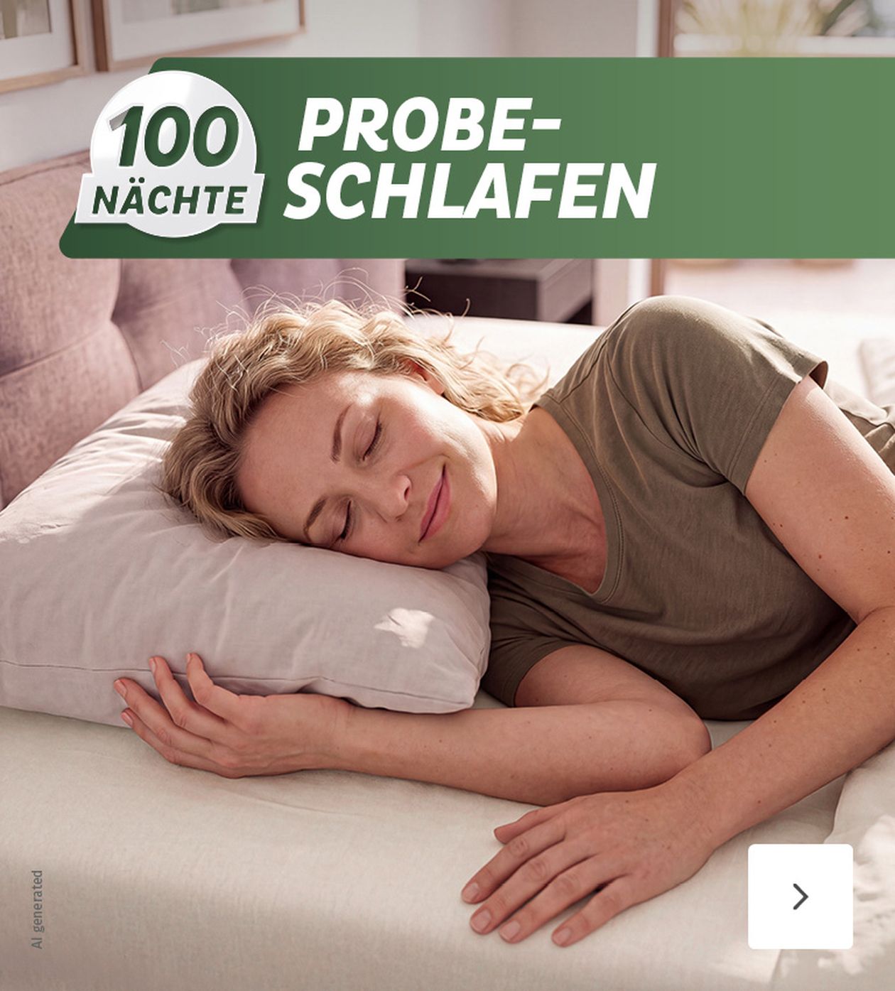 Eine Person schläft friedlich auf einem Bett mit einem beigen Kissen, darüber der Text "100 Nächte Probeschlafen".