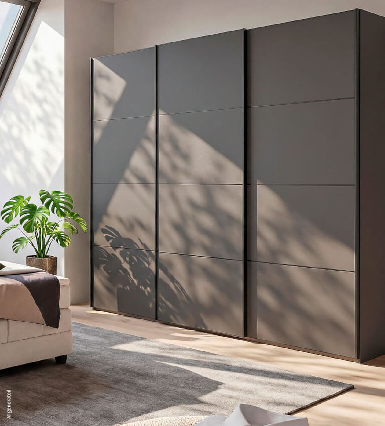 Grauer Kleiderschrank mit modernen Schiebetüren in einem hellen Raum. Pflanzen und ein Sofa sind sichtbar; Sonnenlicht fällt durch ein Dachfenster.