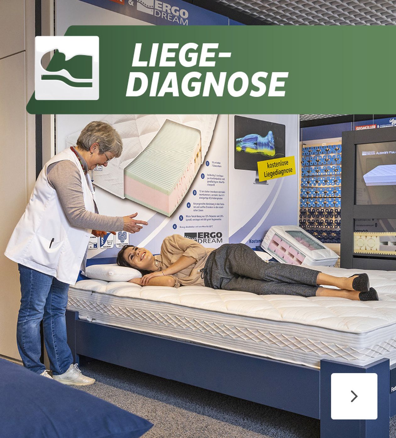 Eine Frau liegt auf einer Matratze, während eine andere Frau in weißer Weste sie bei der Liegediagnose berät. Im Hintergrund Infotafeln.
