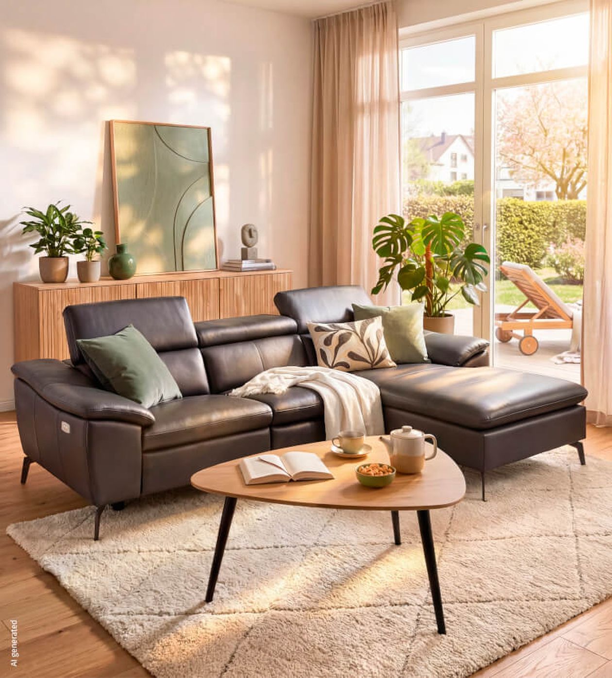 Modernes Wohnzimmer mit dunkelgrauem Ledersofa, beigefarbigem Teppich und Holzcouchtisch, dekoriert mit Pflanzen und einem großen Fenster im Hintergrund.