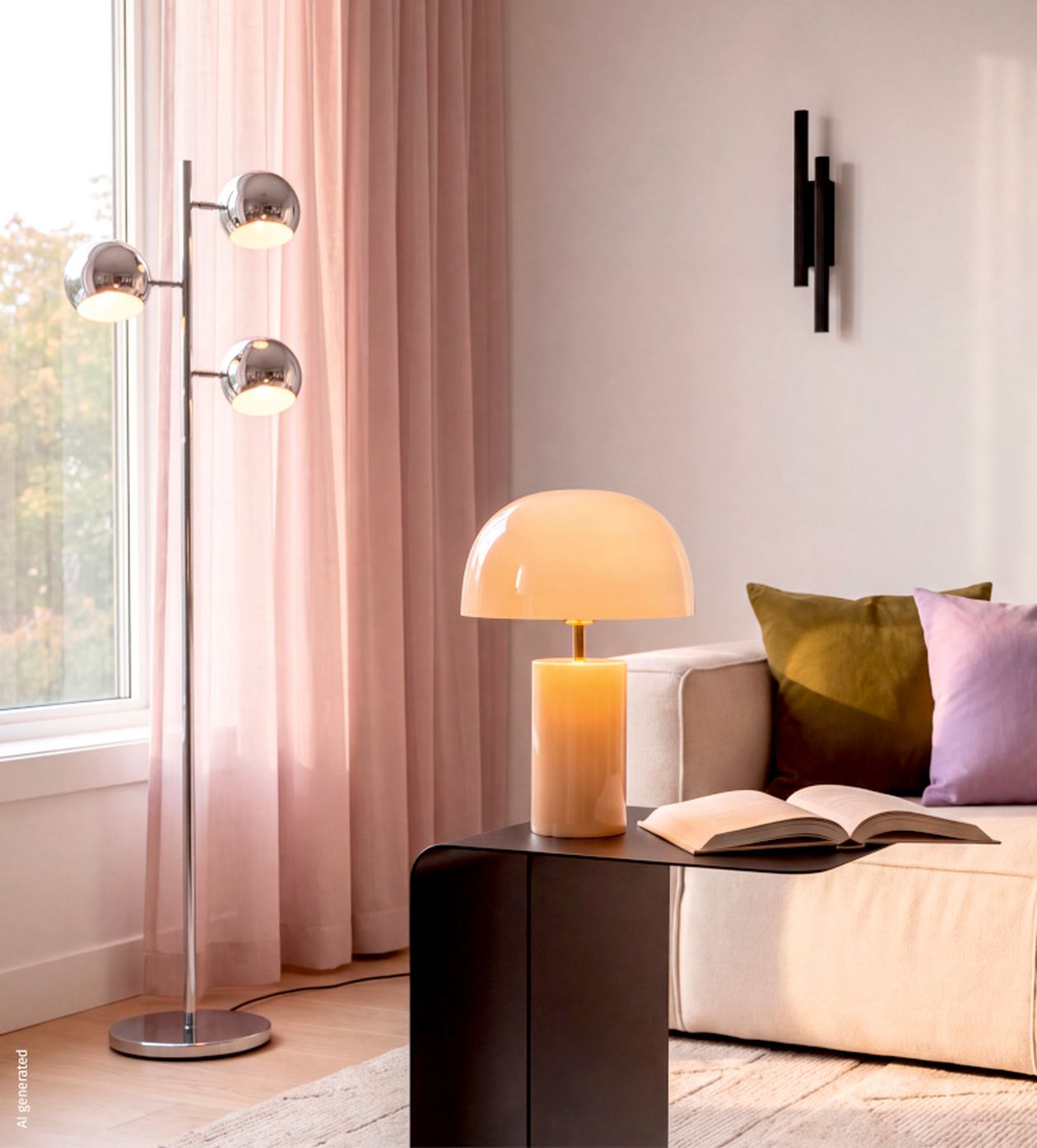 Modernes Wohnzimmer mit Stehlampe, Tischlampe, Sofa, Kissen und Buch. Pastellrosa Vorhänge und helle Wände sorgen für eine gemütliche Atmosphäre.