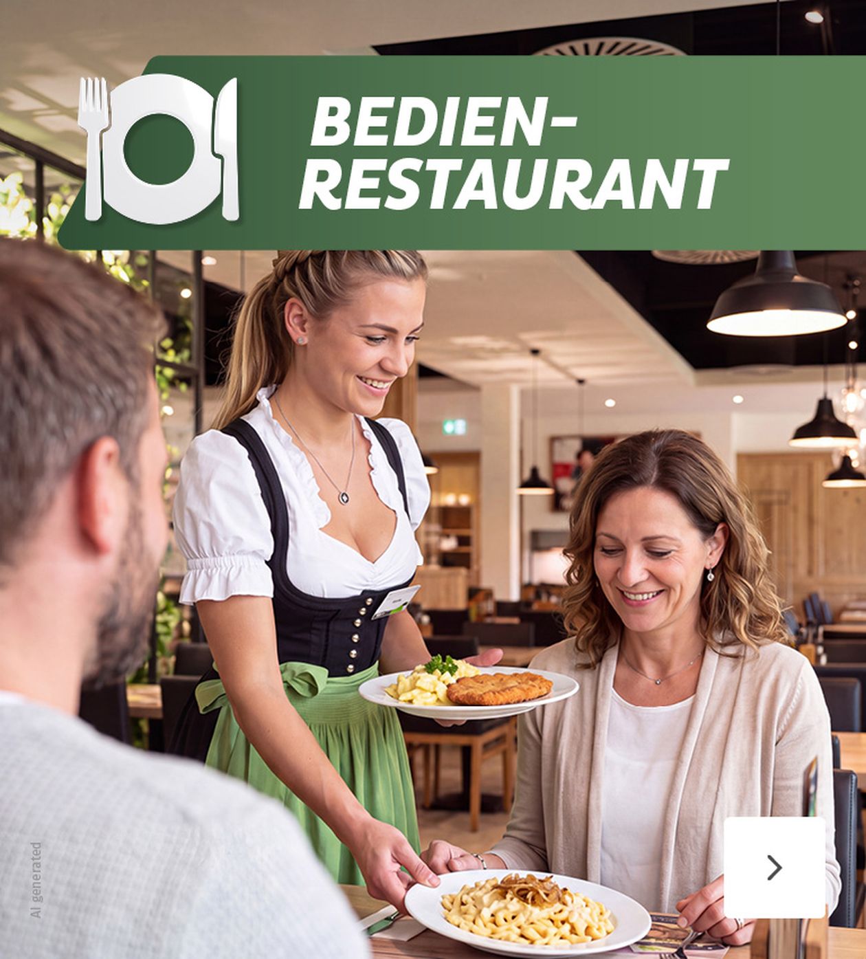 Eine Kellnerin im Dirndl serviert einer lächelnden Frau an einem Tisch in einem Restaurant Schnitzel und Käsespätzle.