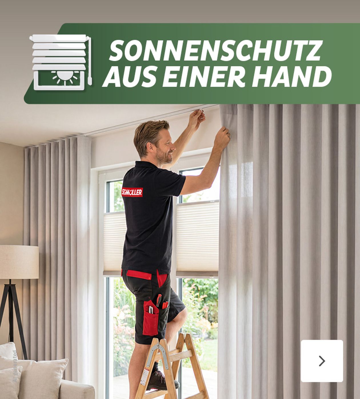 Ein Mann auf einer Leiter befestigt Vorhänge an einem Fenster. Oben steht: "Sonnenschutz aus einer Hand".