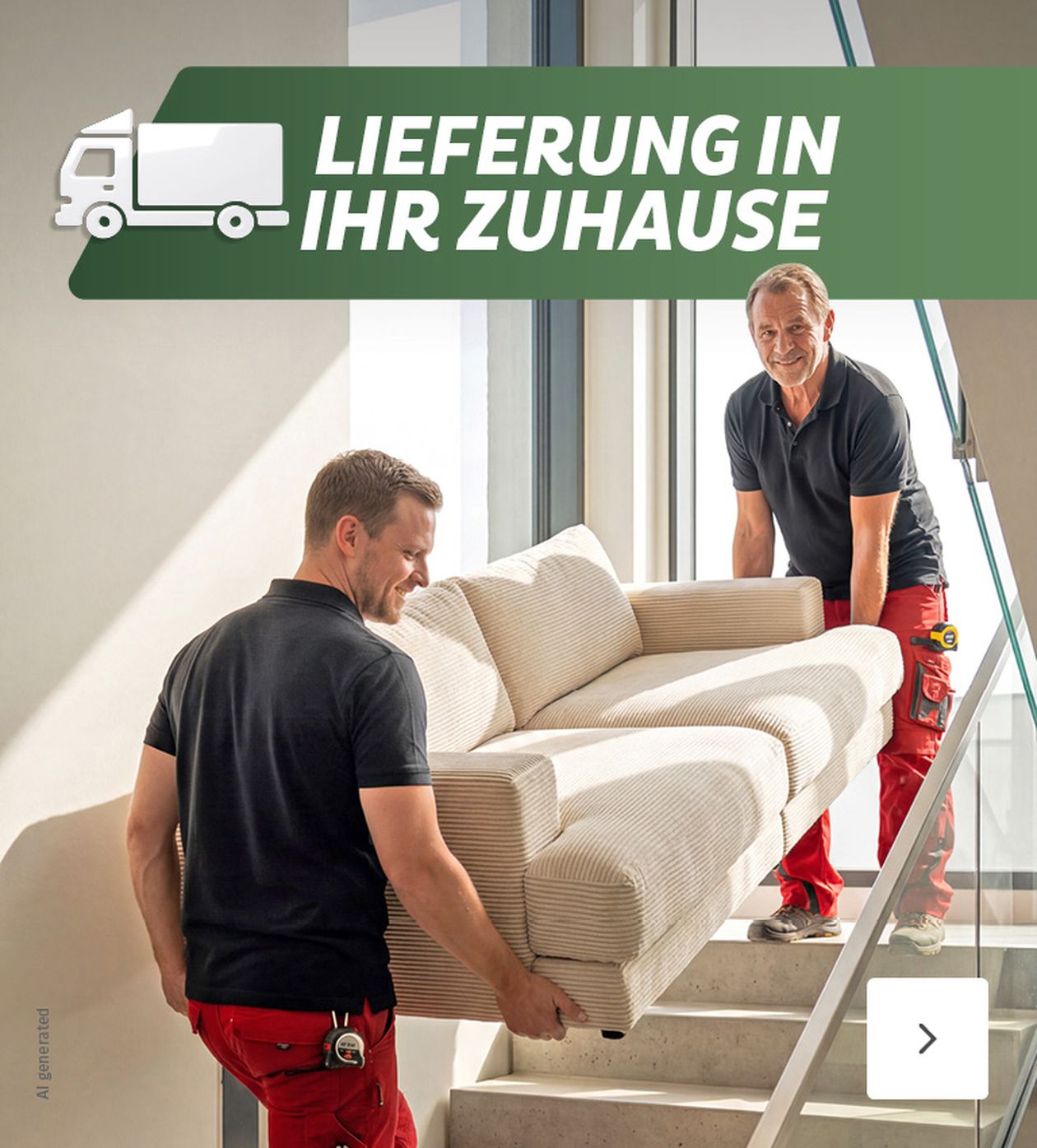 Zwei Männer tragen ein Sofa eine Treppe hinauf. Oben links steht "LIEFERUNG IN IHR ZUHAUSE" mit einem LKW-Symbol auf grünem Hintergrund.