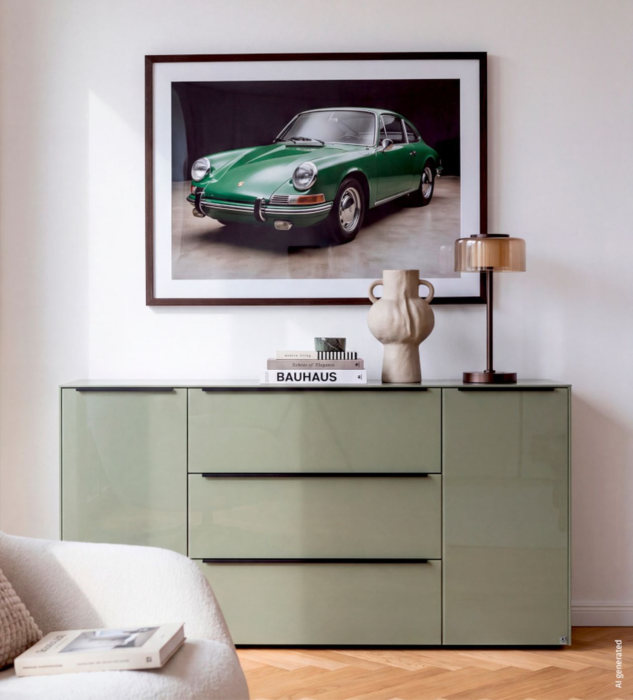 Grünes Auto im Rahmen über einer olivfarbenen Kommode, darauf eine Büste, eine Lampe und ein Buch mit "BAUHAUS"-Schriftzug.