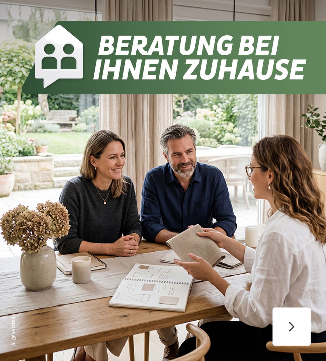 Ein Paar sitzt mit einer Beraterin an einem Tisch, während sie Stoffmuster und Pläne bespricht. Im Hintergrund ein heller, offener Raum.