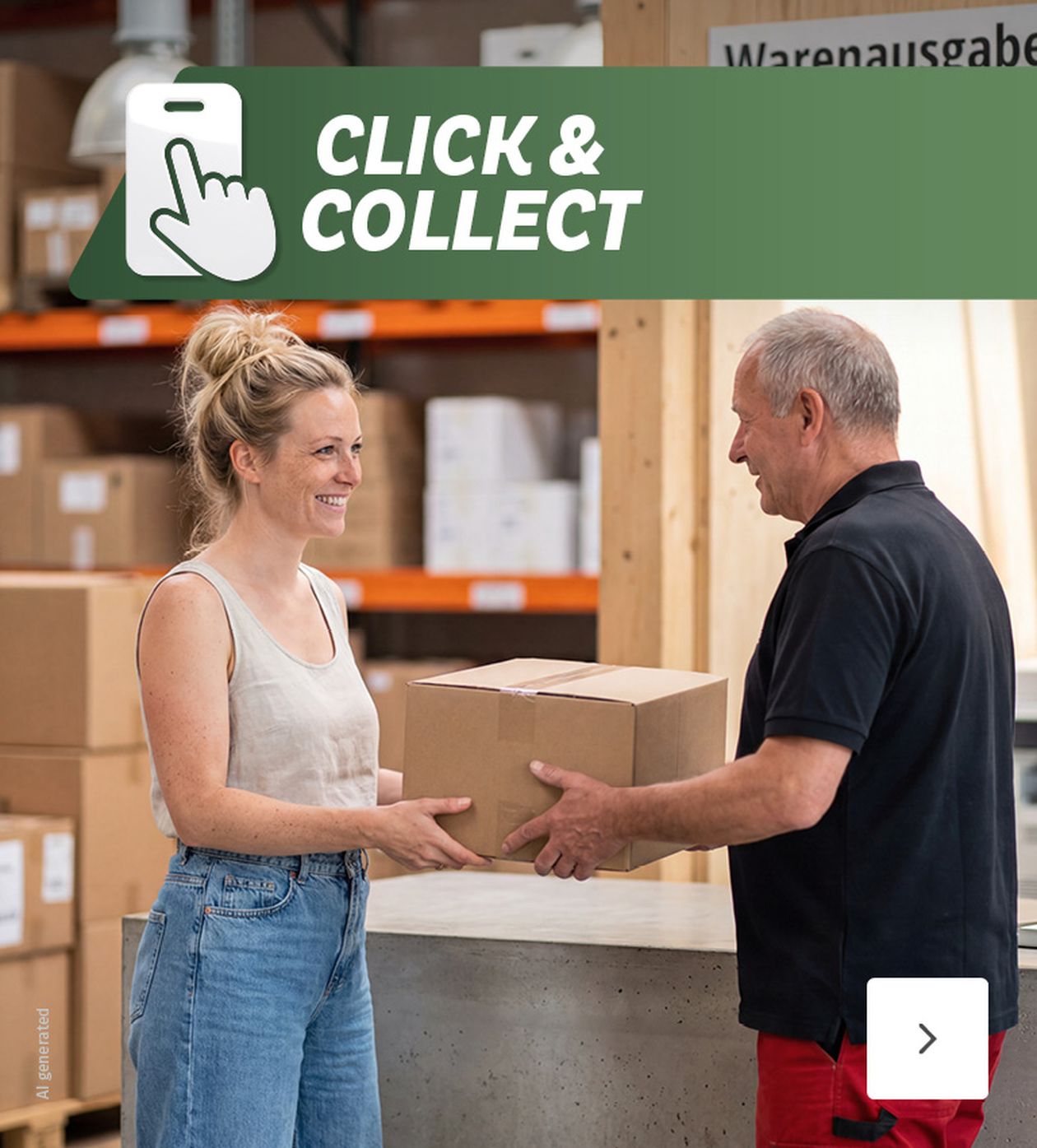 Frau erhält ein Paket von einem Mitarbeiter bei der Warenabholung. Oben ist ein "Click & Collect"-Schild zu sehen.