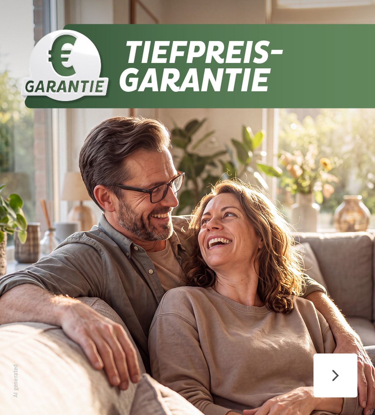 Ein lächelndes Paar sitzt auf einem Sofa, umarmt sich und schaut sich an. Oben steht "Tiefpreis-Garantie" mit einem Euro-Symbol.