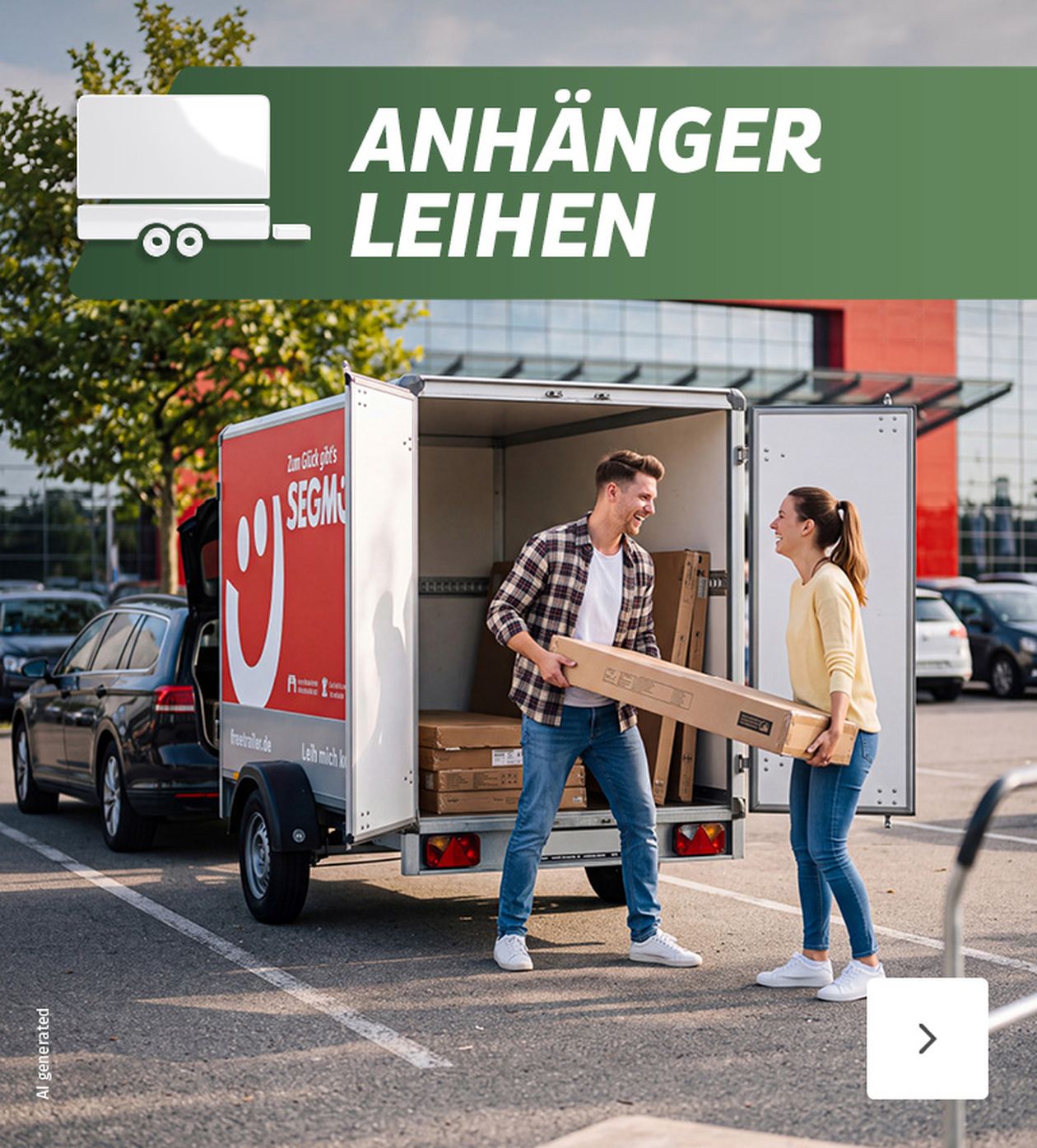 Mann und Frau laden Kartons in einen Anhänger, im Hintergrund ein Auto und modernes Gebäude. Oben Text "ANHÄNGER LEIHEN".
