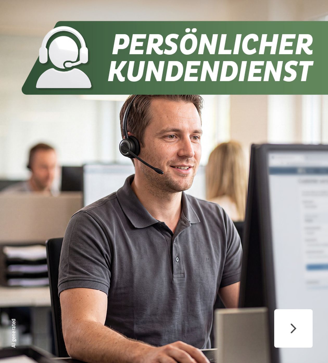 Mann mit Headset arbeitet an einem Computer in einem Büro. Oben Text: "PERSÖNLICHER KUNDENDIENST".