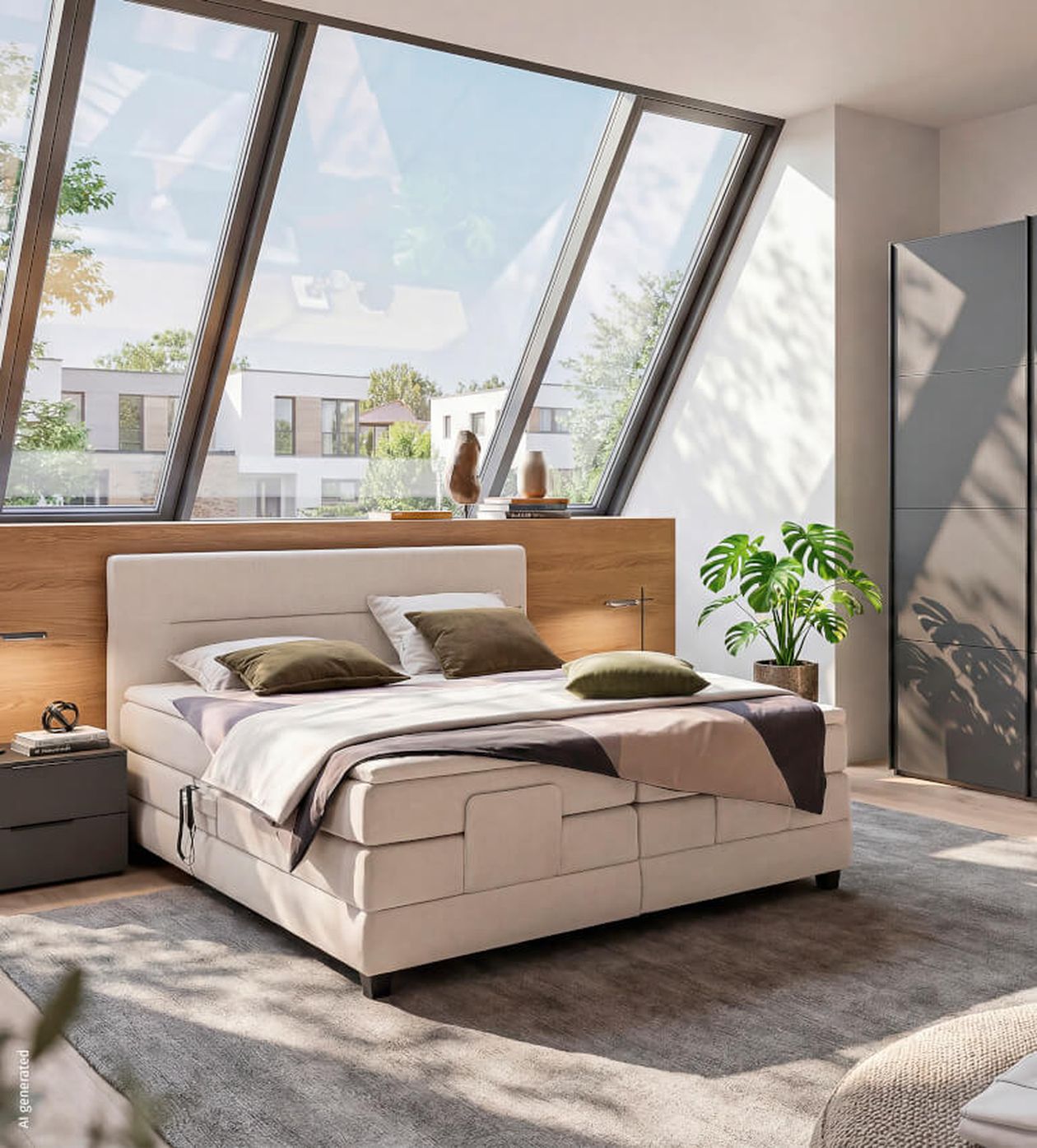 Modernes Schlafzimmer mit großem Fenster, Doppelbett mit Kissen und Decke, Nachttisch, Pflanze, draußen Sicht auf Bäume und Gebäude.