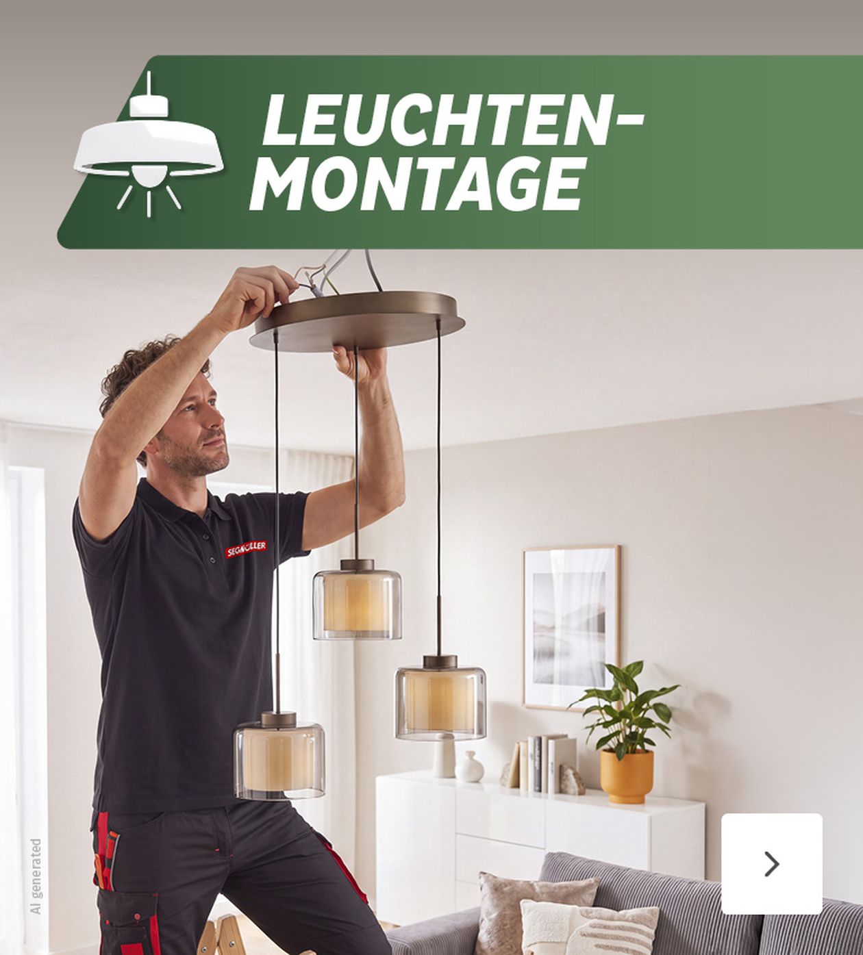 Ein Mann in Arbeitskleidung montiert eine dreiflammige Deckenleuchte in einem modern eingerichteten Wohnzimmer.