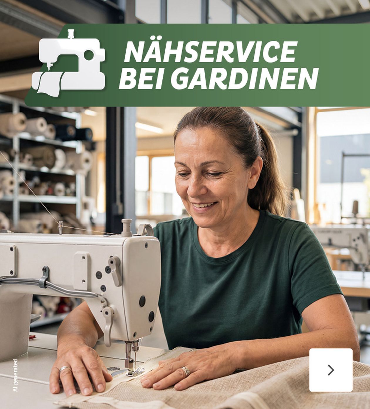 Frau arbeitet an einer Nähmaschine, Nähe von Gardinen, umgeben von Stoffrollen. Text oben: "Nähservice bei Gardinen".