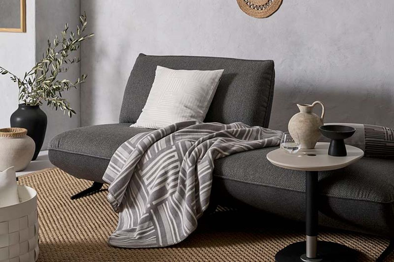 Ein gemütliches, modernes Wohnzimmer mit grauem Sofa, weißem Kissen, gestreifter Decke, kleinem Tisch mit Krug auf einem gewebten Teppich. In der Ecke steht eine Topfpflanze.