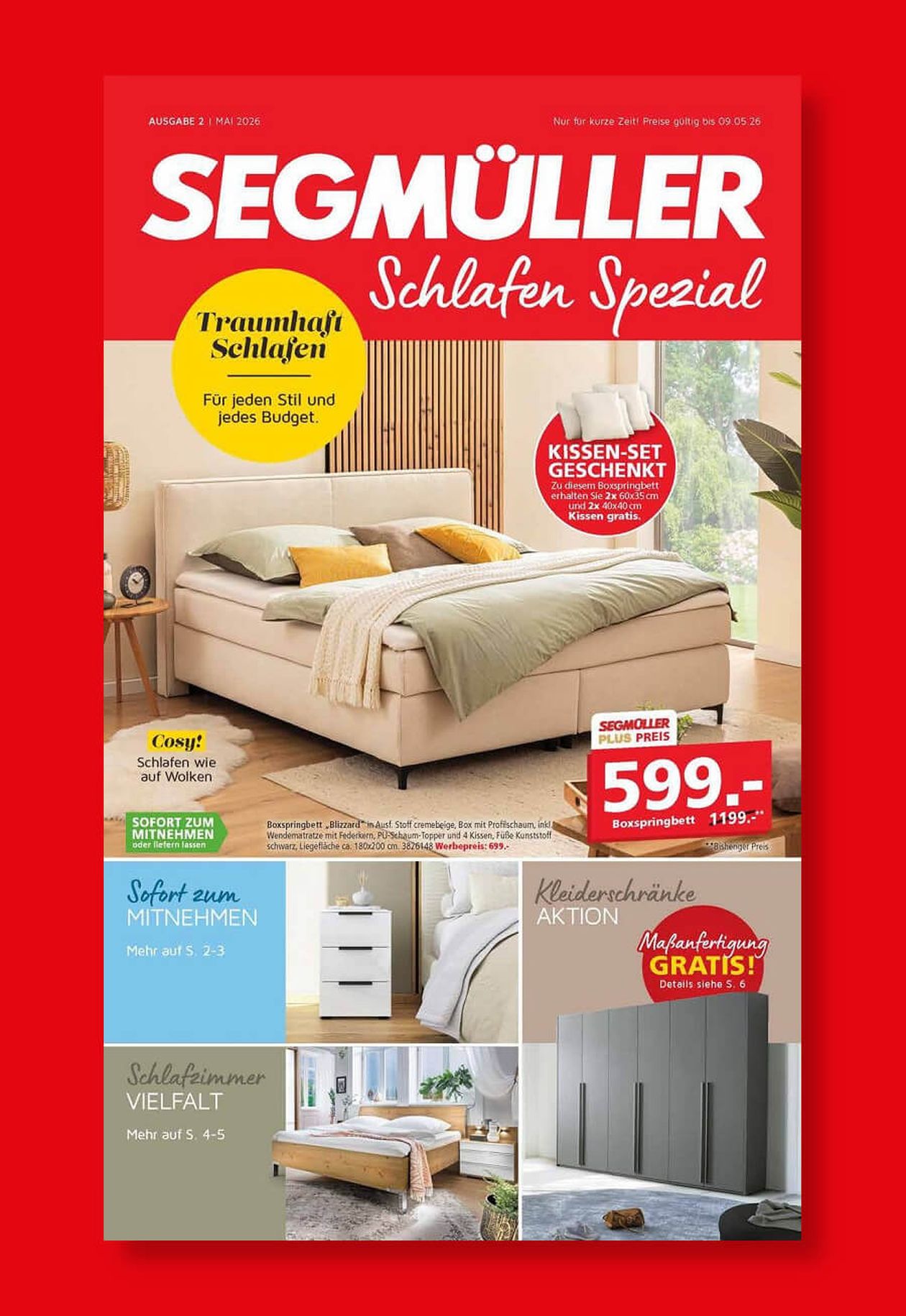 SEGMÜLLER Schlafen Spezial-Anzeige mit einem beigen Boxspringbett, Kissen und einem Kleiderschrankangebot auf rotem Hintergrund.