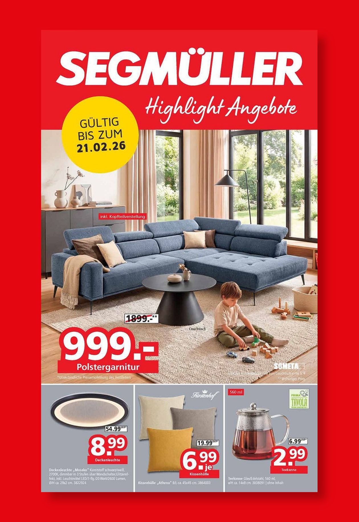 Titel eines SEGMÜLLER Werbeprospekts mit blauem Ecksofa und weiteren Angeboten, auf einem roten Hintergrund.