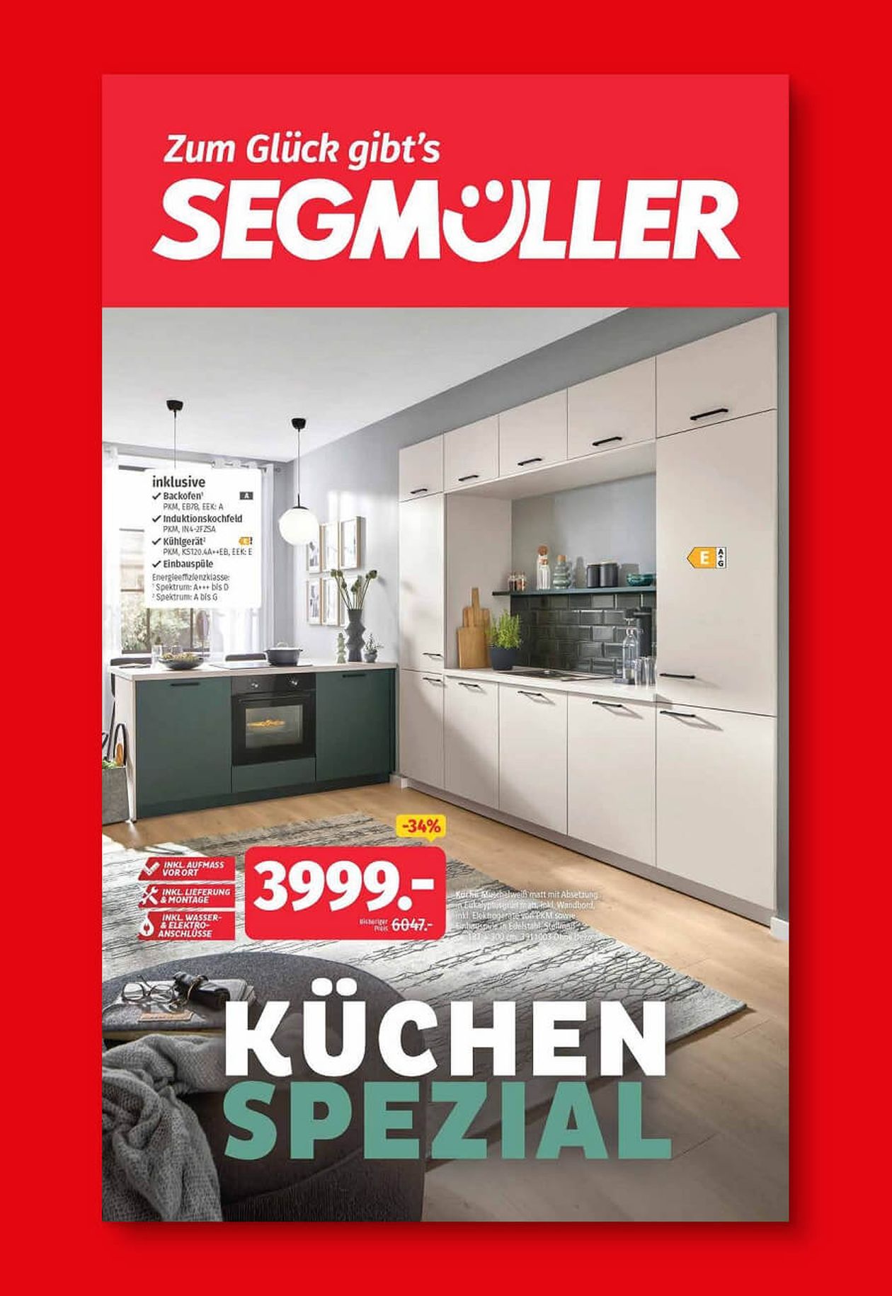 Werbeanzeige für eine Küche von Segmüller mit weißem und grünem Design, inklusive Preis und Rabattangebot von 3999 Euro.