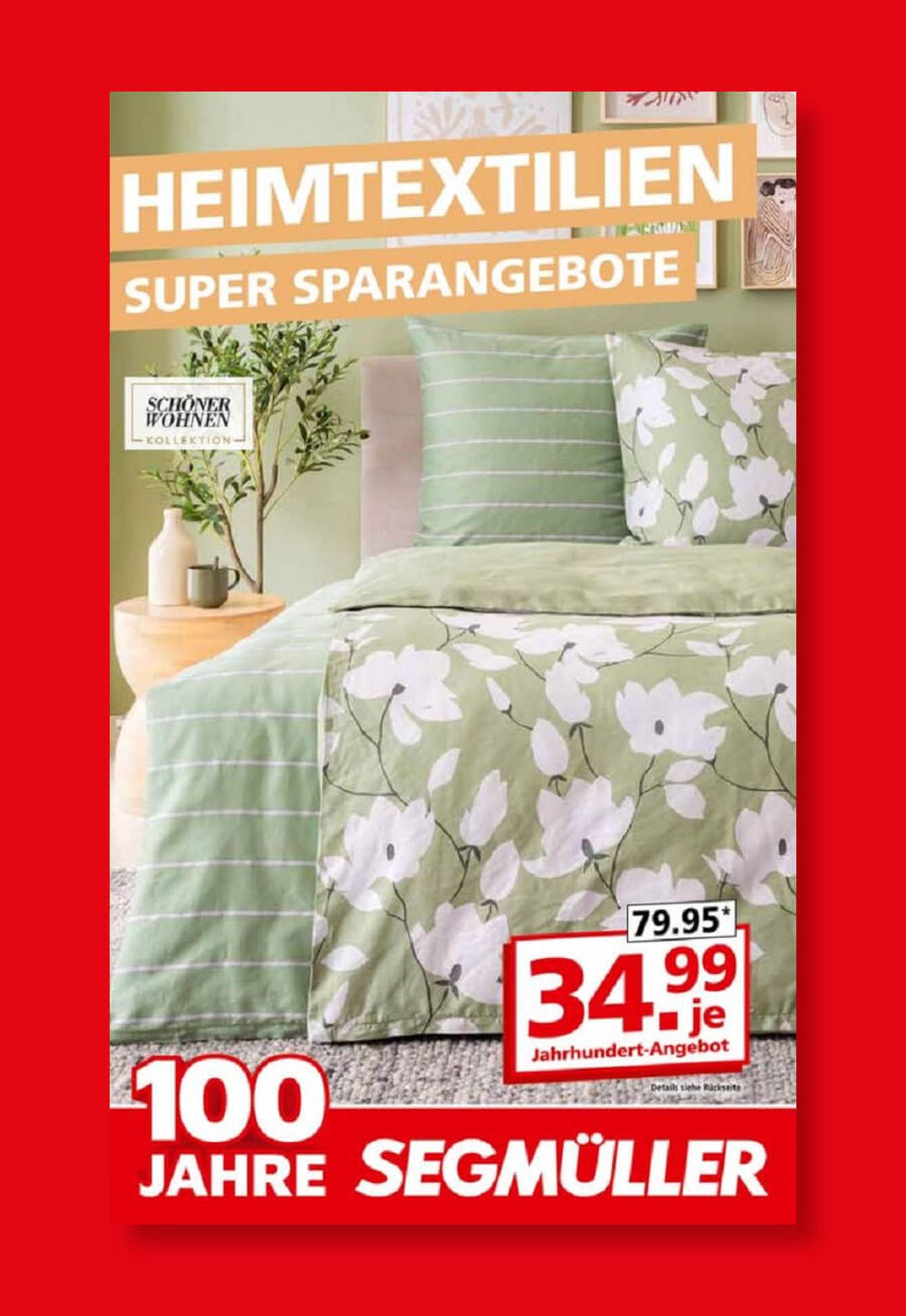 Titel eines Prospekts für Heimtextilien-Angebote mit grüner, floraler Bettwäsche in einem hellen Schlafzimmer.