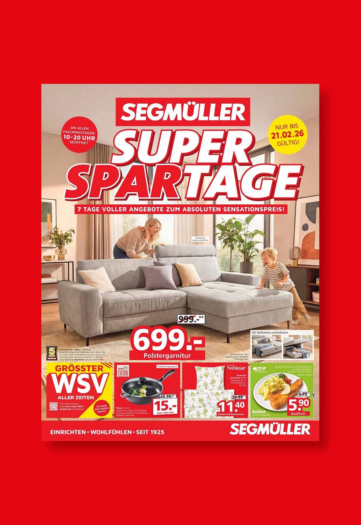 Alternativtext: Werbung für Segmüller Super Spartage mit einem grauen Ecksofa, Rabattangeboten und Werbedetails auf rotem Hintergrund.