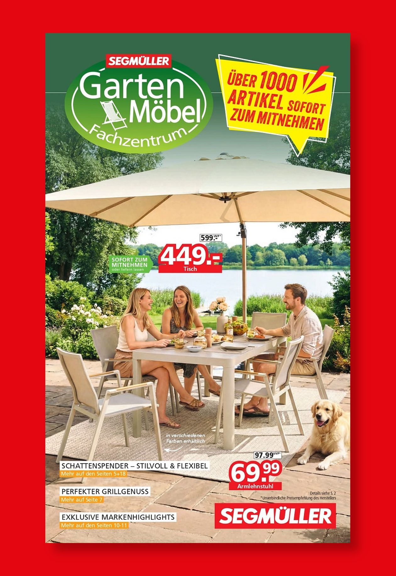Eine Werbung zeigt Gartenmöbel und drei Personen, die unter einem großen Sonnenschirm an einem See speisen, neben ihnen ein sitzender Hund.