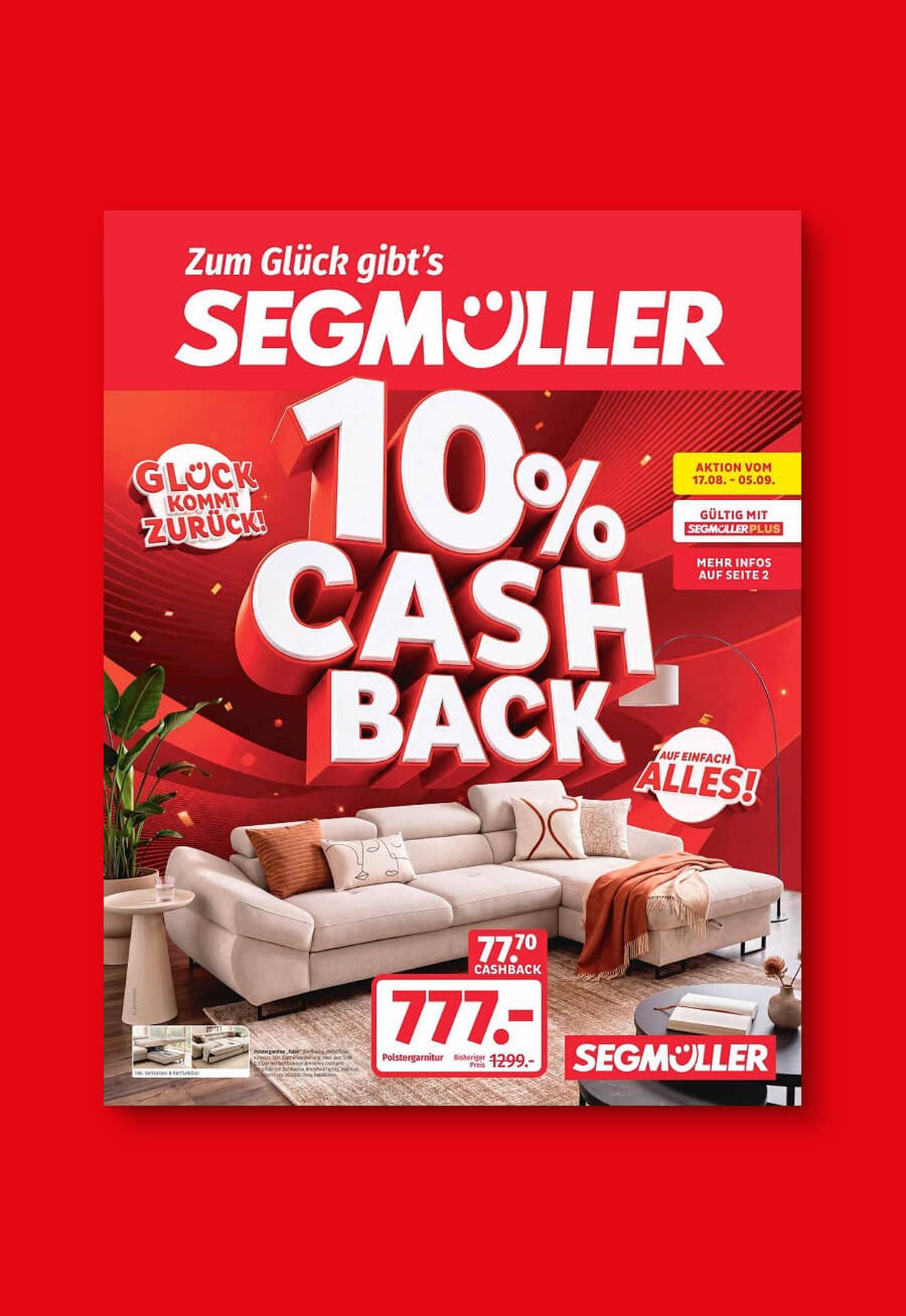 Werbeposter für Segmüller mit 10% Cashback-Aktion, zeigt ein Sofa für 777€, umgeben von roten Akzenten und Pflanze. Aktion gültig 17.08-05.09.