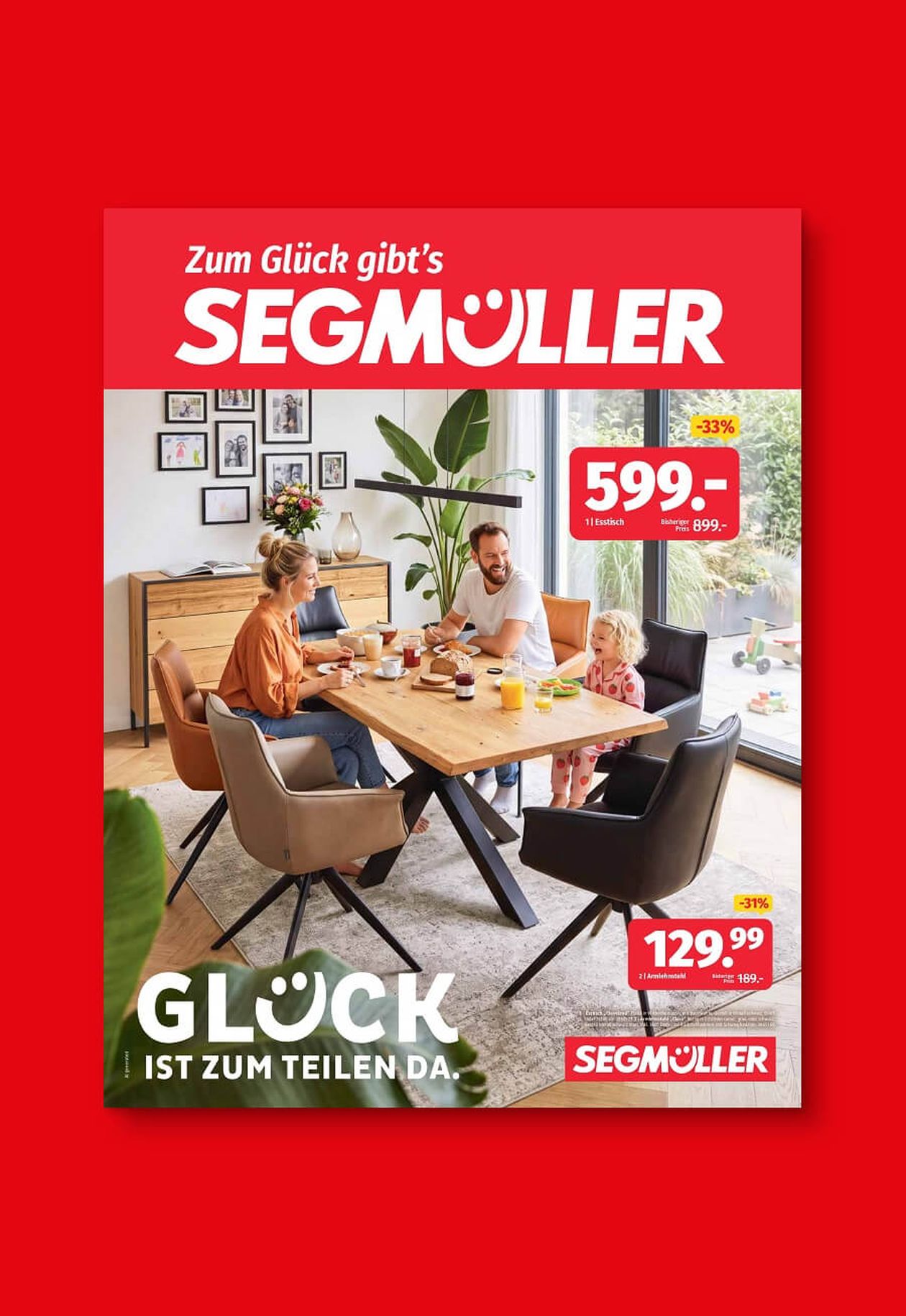 Werbung von Segmüller mit Familie am Esstisch, umgeben von Pflanzen, mit Angeboten für Esstisch und Stühle, Text oben und unten im Bild.