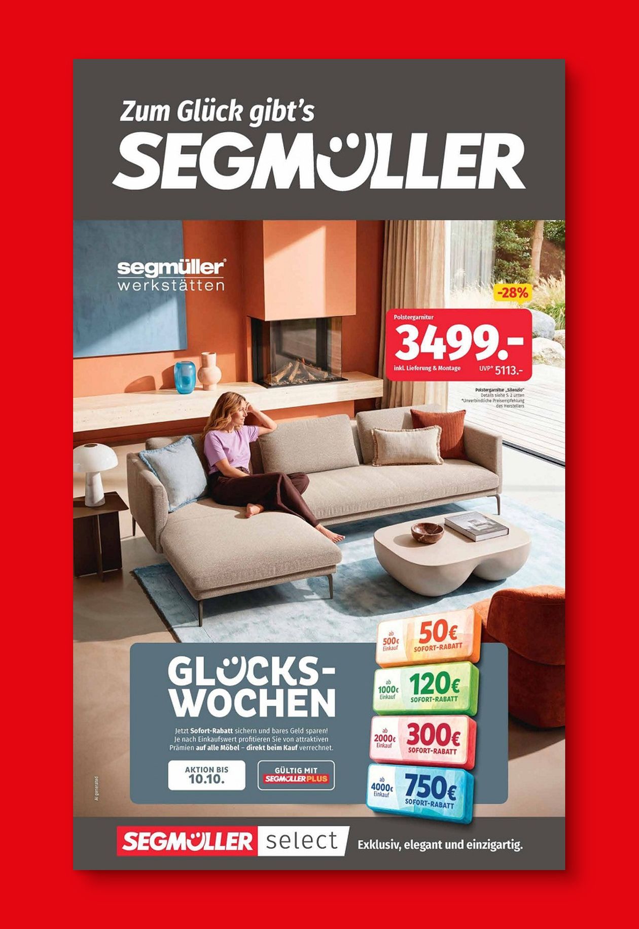 Werbung für Segmüller mit einer Frau auf einem Sofa, Preisangebot und Rabatte in einer gemütlichen Wohnzimmerszene.