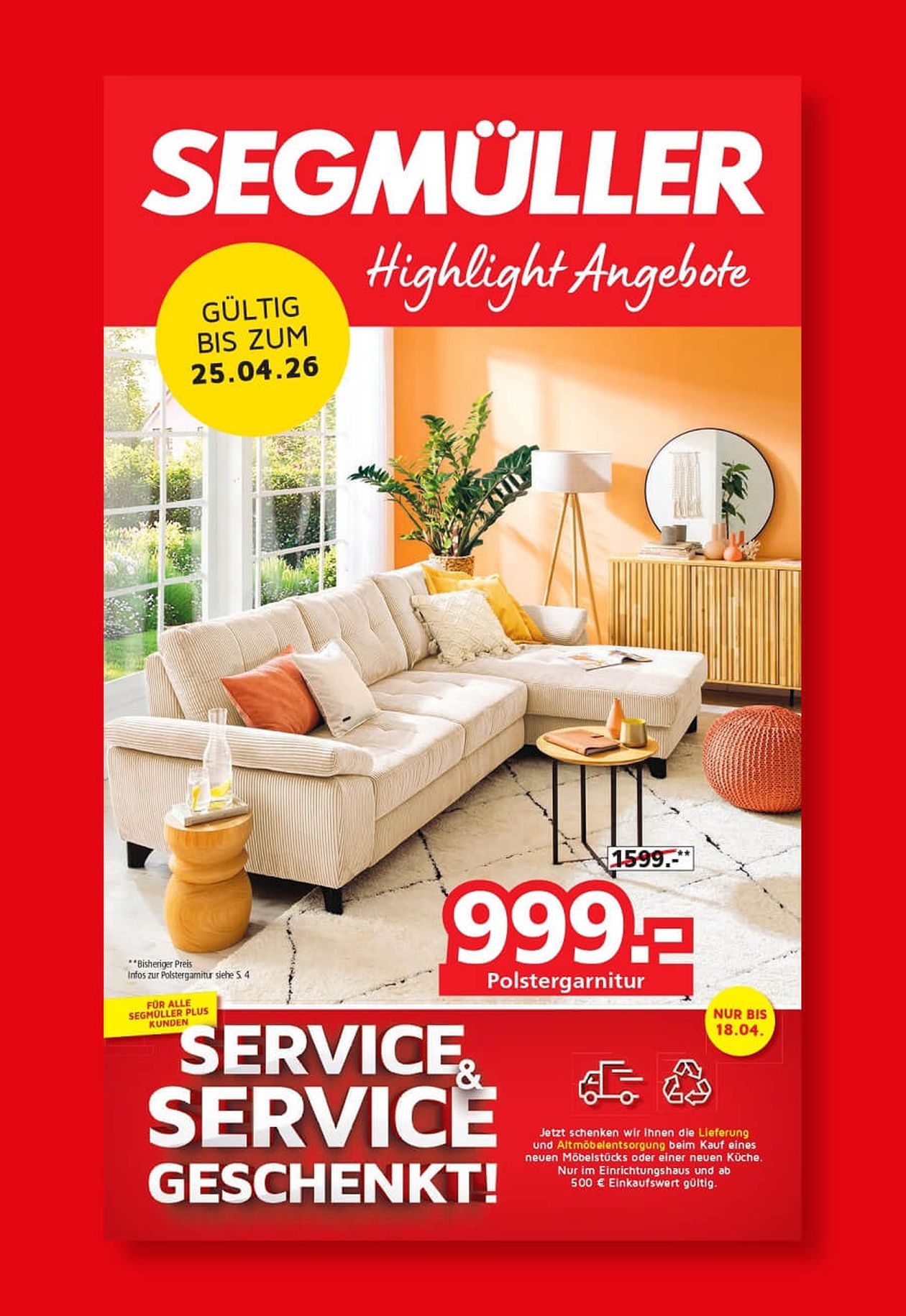 Flyer für einen Möbelverkauf mit einem beigefarbenen Ecksofa, orangefarbenen Akzenten und Werbeinformationen auf rotem Hintergrund.