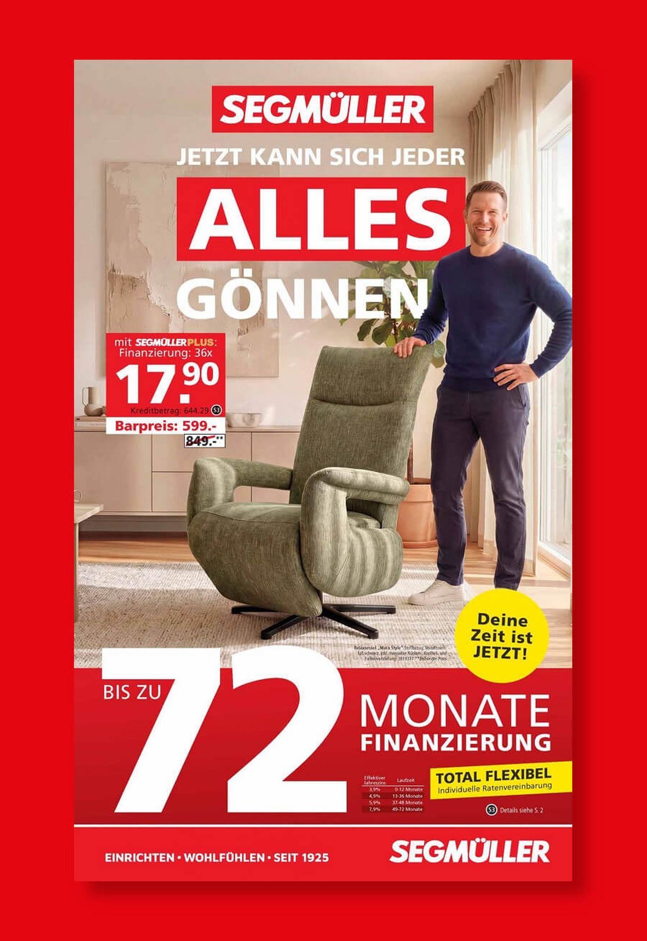 SEGMÜLLER Prospekt mit Finanzierungsangebot, Mann neben einem Sessel und Text "Jetzt kann sich jeder alles gönnen".
