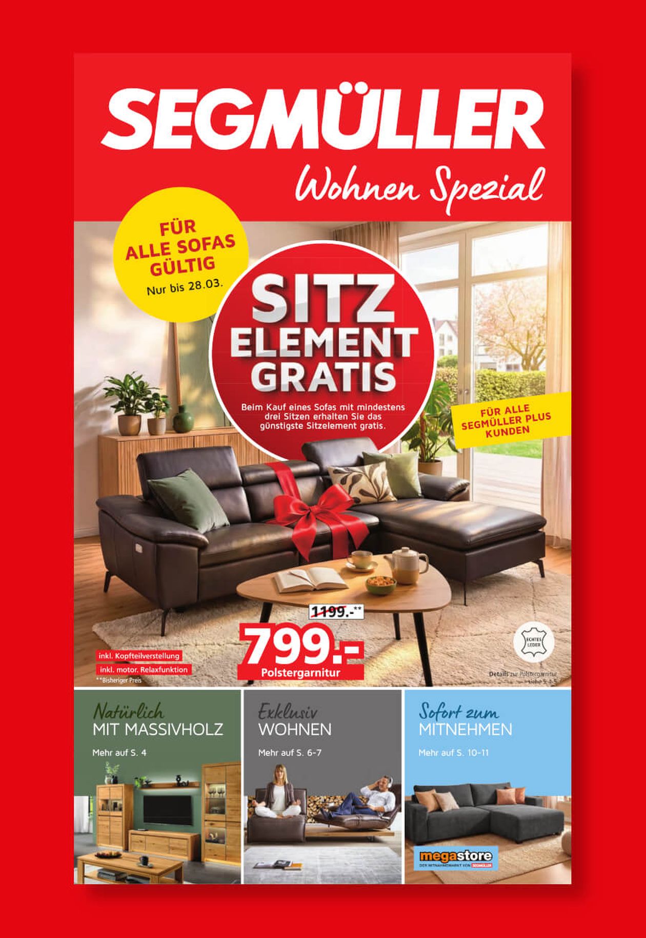 Werbung mit einer Eckcouch in einem modernen Wohnzimmer. Kostenloses Sitzelement und diverse Rabatte werden angeboten. Roter Hintergrund mit weißer Schrift.