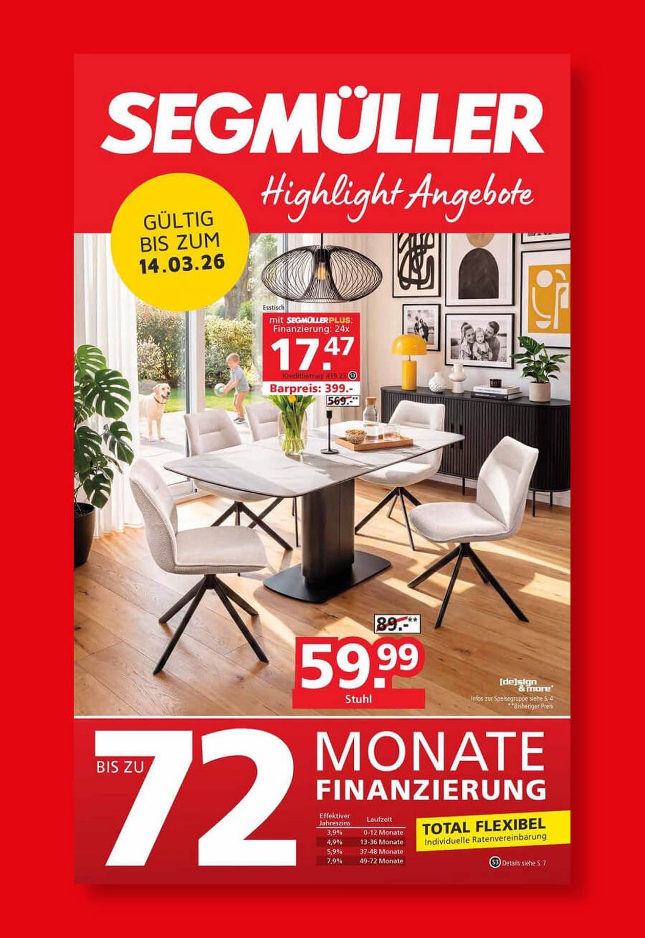 SEGMÜLLER Highlight-Angebote Prospekt mit Finanzierungsangebot, Essgruppe und roten Preisen.