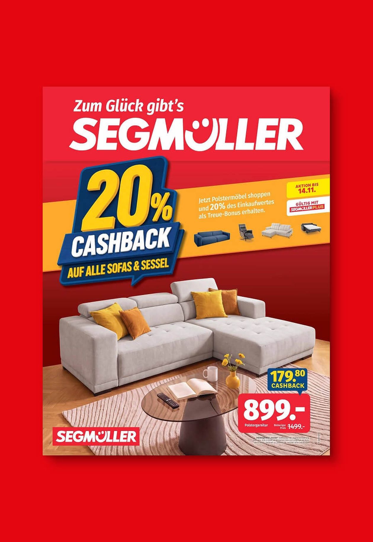 Werbung von Segmüller mit 20% Cashback auf Sofas und Sessel, zeigt einen grauen Ecksofa mit farbigen Kissen in einem Wohnzimmer. Aktion bis 14.11.