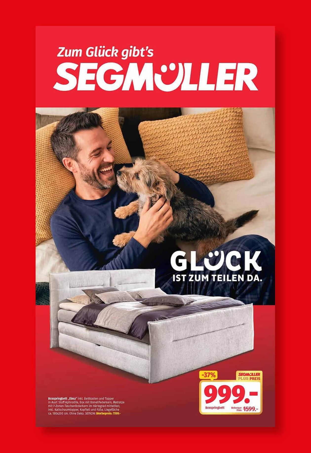 Werbung für Segmüller: Mann mit Hund auf dem Sofa, Slogan "Zum Glück gibt's Segmüller", bewirbt Boxspringbett für 999 Euro.