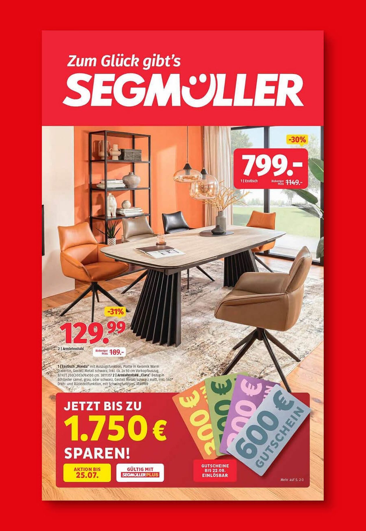 Werbung für Segmüller mit Esszimmermöbeln, Rabatten und Gutscheinen. Ein Tisch mit Stühlen, Bücherregal im Hintergrund, rote Preisschilder.