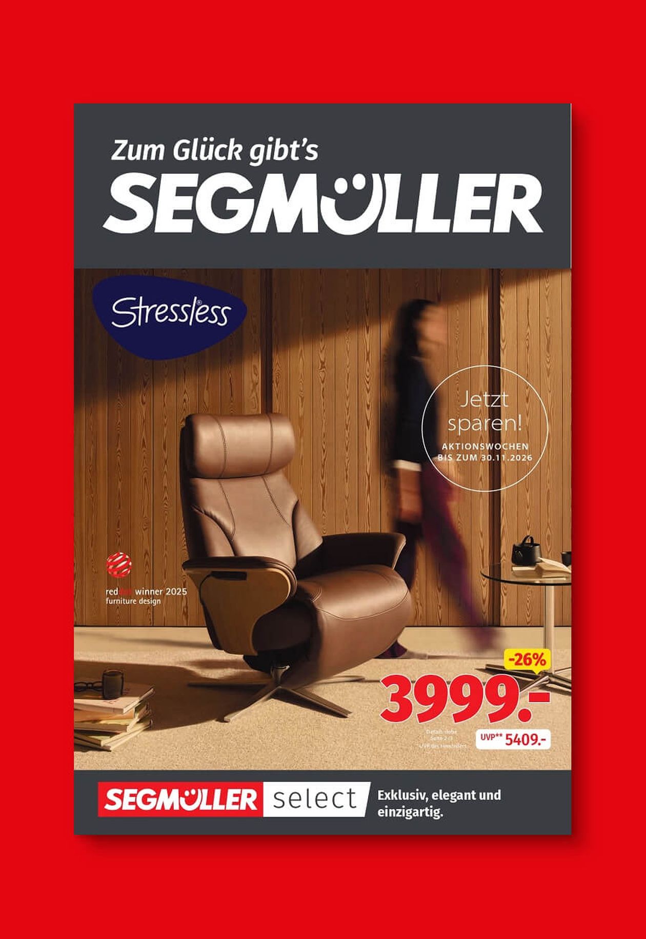 Werbung für einen Stressless-Sessel bei Segmüller mit reduziertem Preis und Aktionswochen bis zum 30.11.2026.