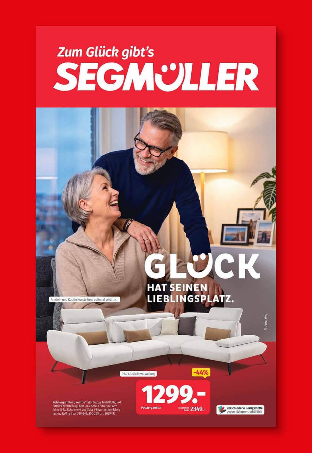 Werbeanzeige mit einem Paar, das auf einem Sofa sitzt, und dem Text "Glück hat seinen Lieblingsplatz". Preisangabe für das Sofa: 1299 Euro.