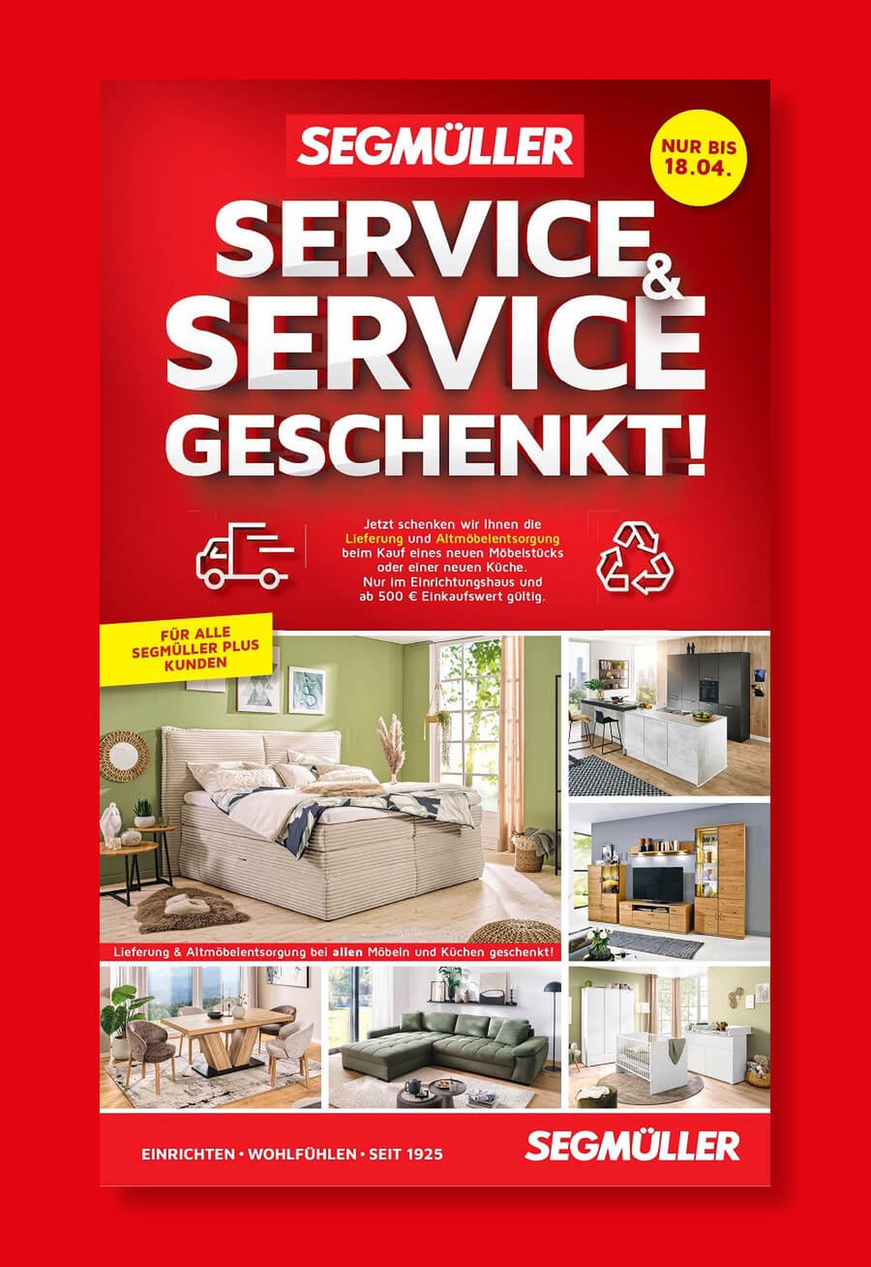 Werbeflyer für Segmüller mit Text über Serviceangebote und Abbildungen von Wohnzimmer- und Küchenmöbeln auf rotem Hintergrund.