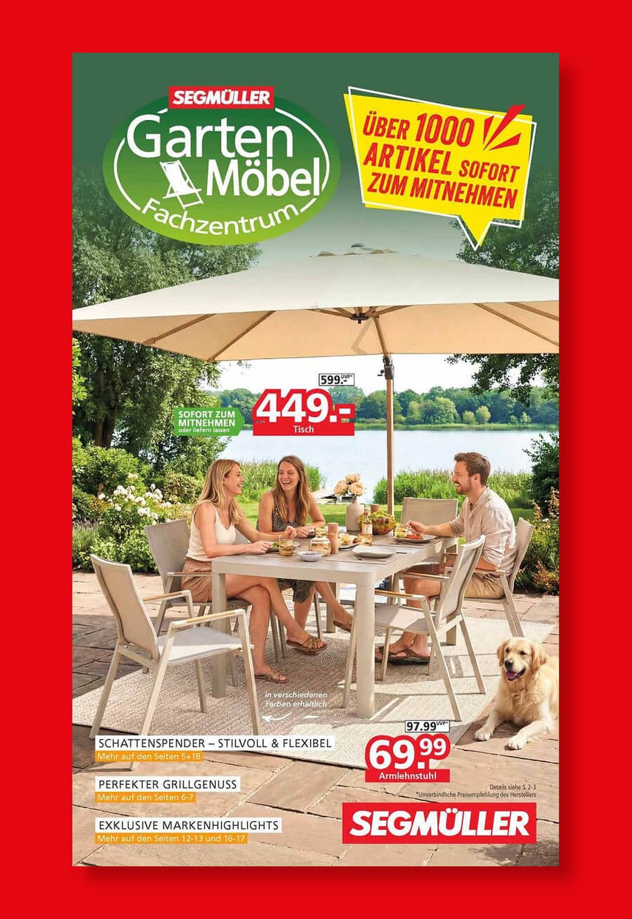 SEGMÜLLER Gartenprospekt vor rotem Hintergrund mit Outdoor-Essgruppe, lachenden Menschen und großem Sonnenschirm.