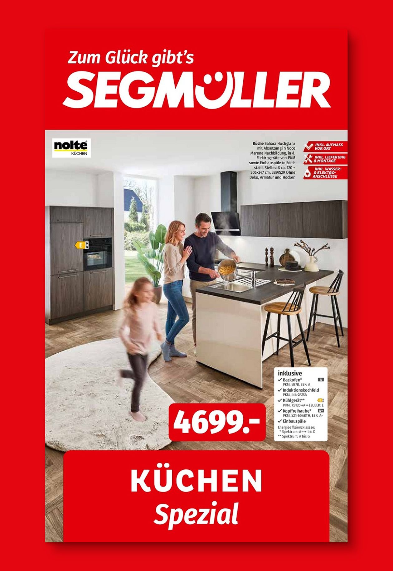 Werbeanzeige für Segmüller mit einer Küche von Nolte. Ein Paar kocht zusammen, Preis 4699€, "Küchen Spezial", rote Umrandung.