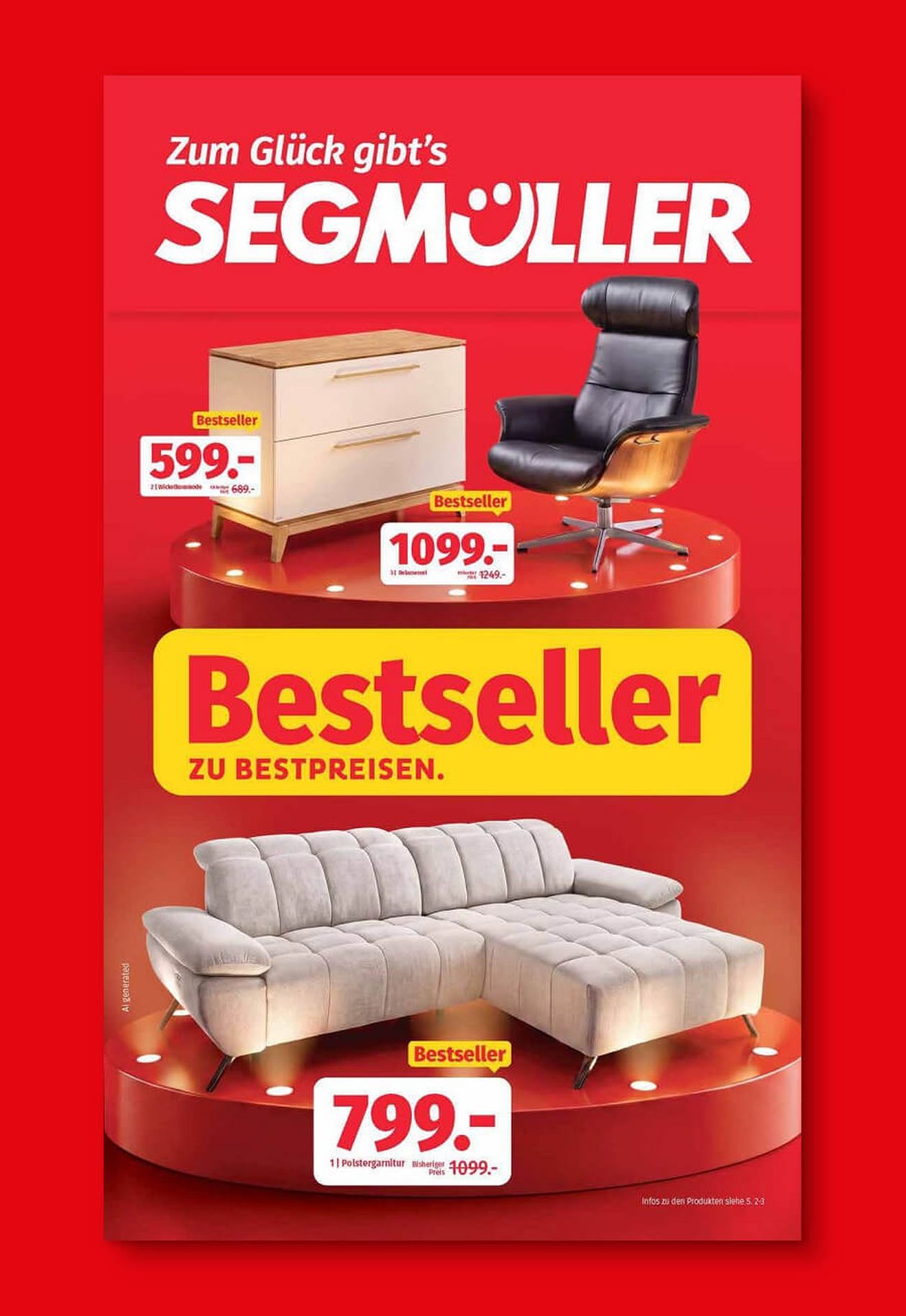 Werbung von Segmüller mit Bestsellern: eine Kommode für 599€, ein Sessel für 1099€ und eine Polstergarnitur für 799€.