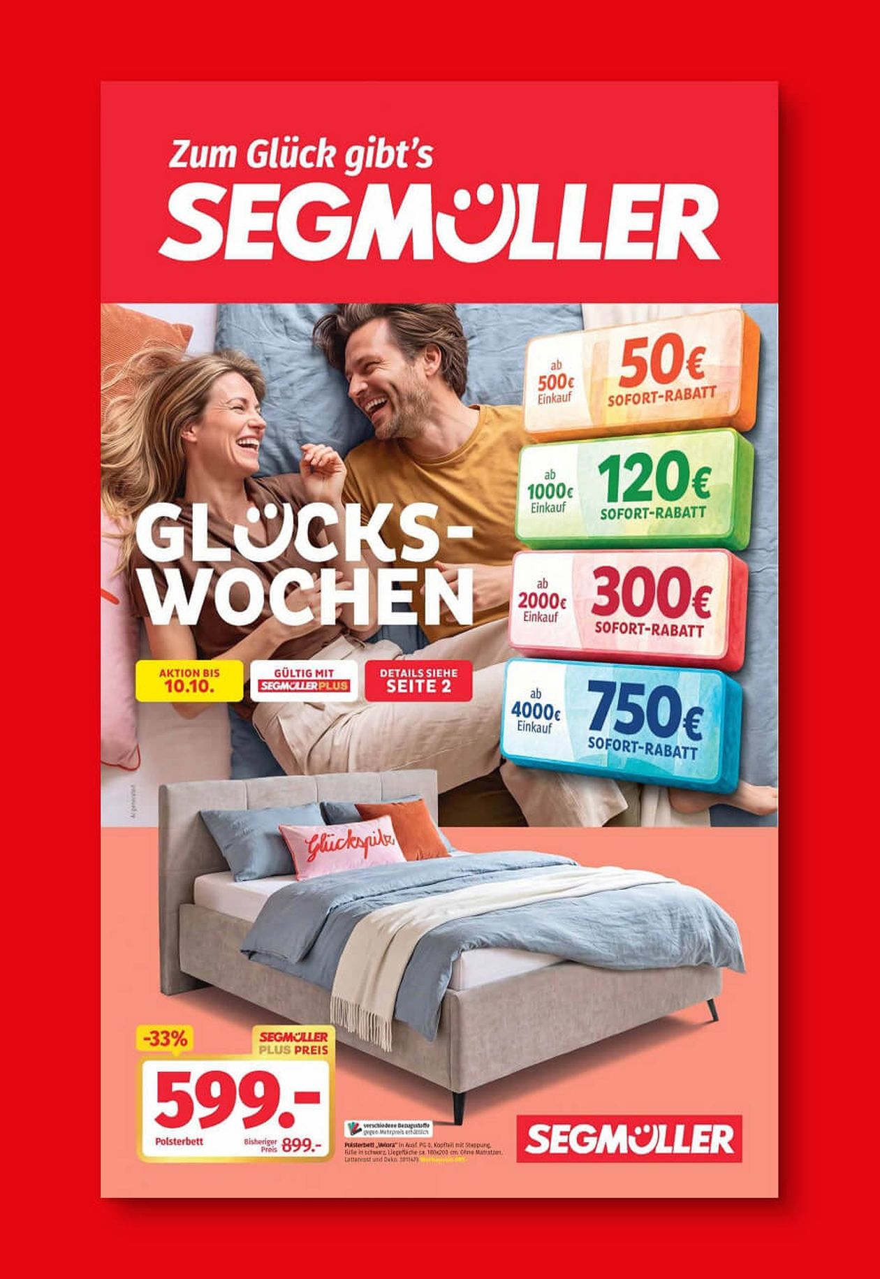 Segmüller-Werbung mit Paar, das im Bett lacht, Rabatten auf Einkäufe und einem Polsterbettangebot mit 33% Rabatt für 599 €.