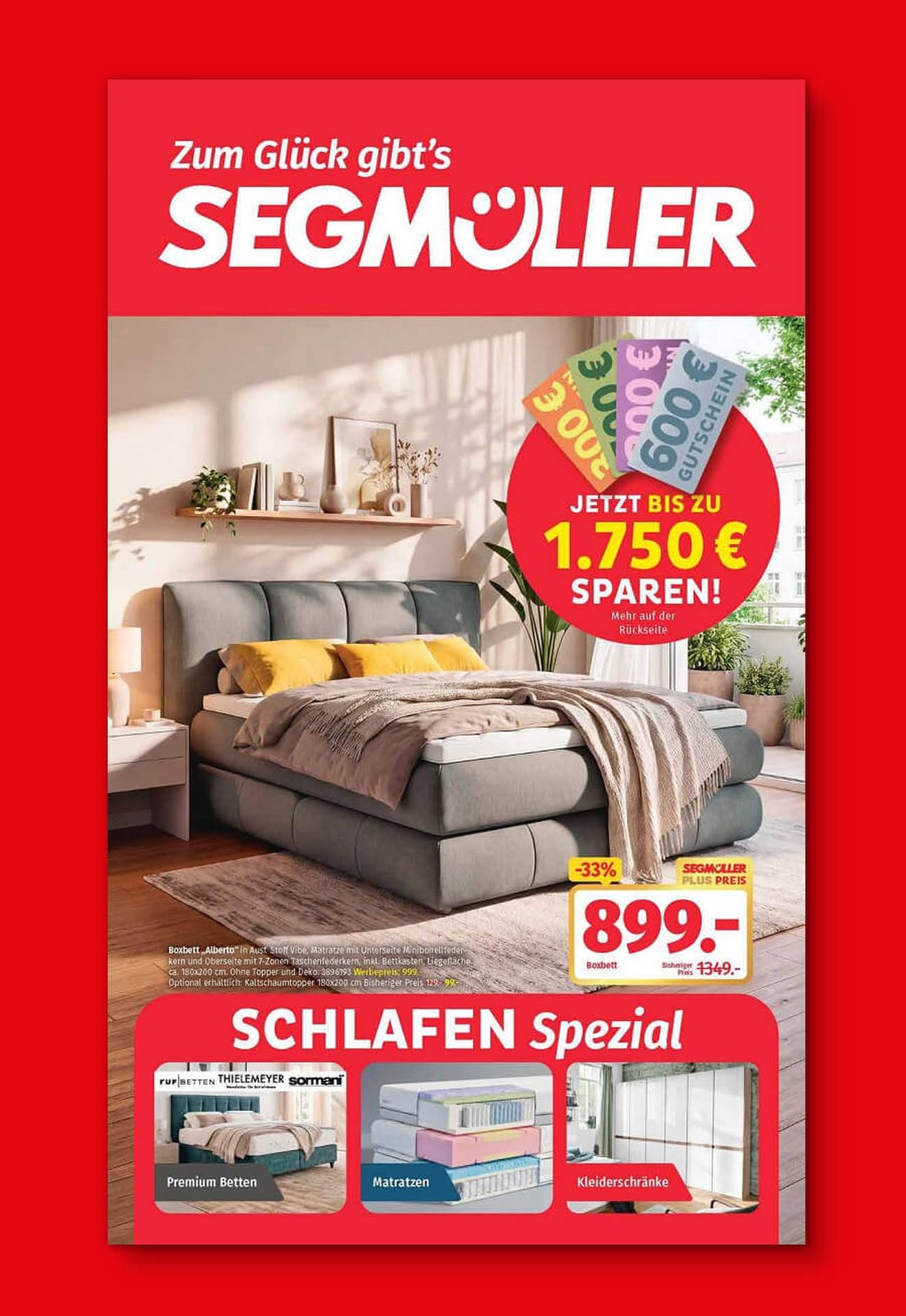 Werbung von Segmüller für Schlafspezial, zeigt ein gemütliches Bett, Rabatte bis zu 1.750 €, und Angebote für Matratzen und Kleiderschränke.