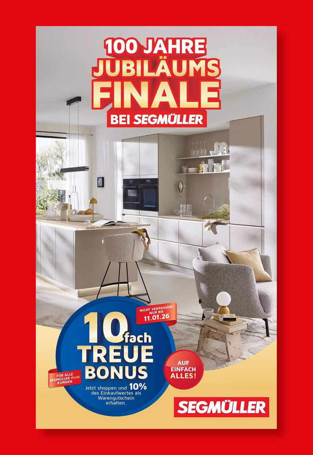 Titel eines SEGMÜLLER Werbeprospekts auf rotem Hintergrund mit heller Wohnküche.