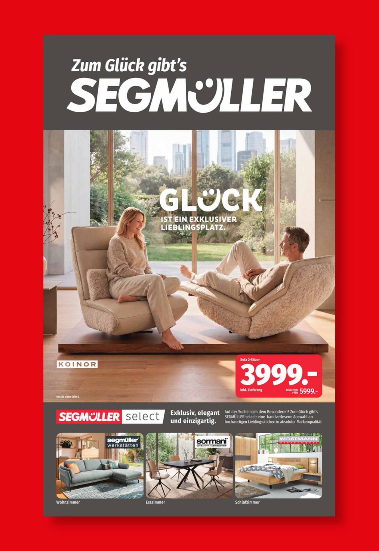 Werbung für Segmüller mit einem Paar, das auf Sesseln in einem modernen Wohnraum sitzt. Preis und Produktdetails am unteren Rand.