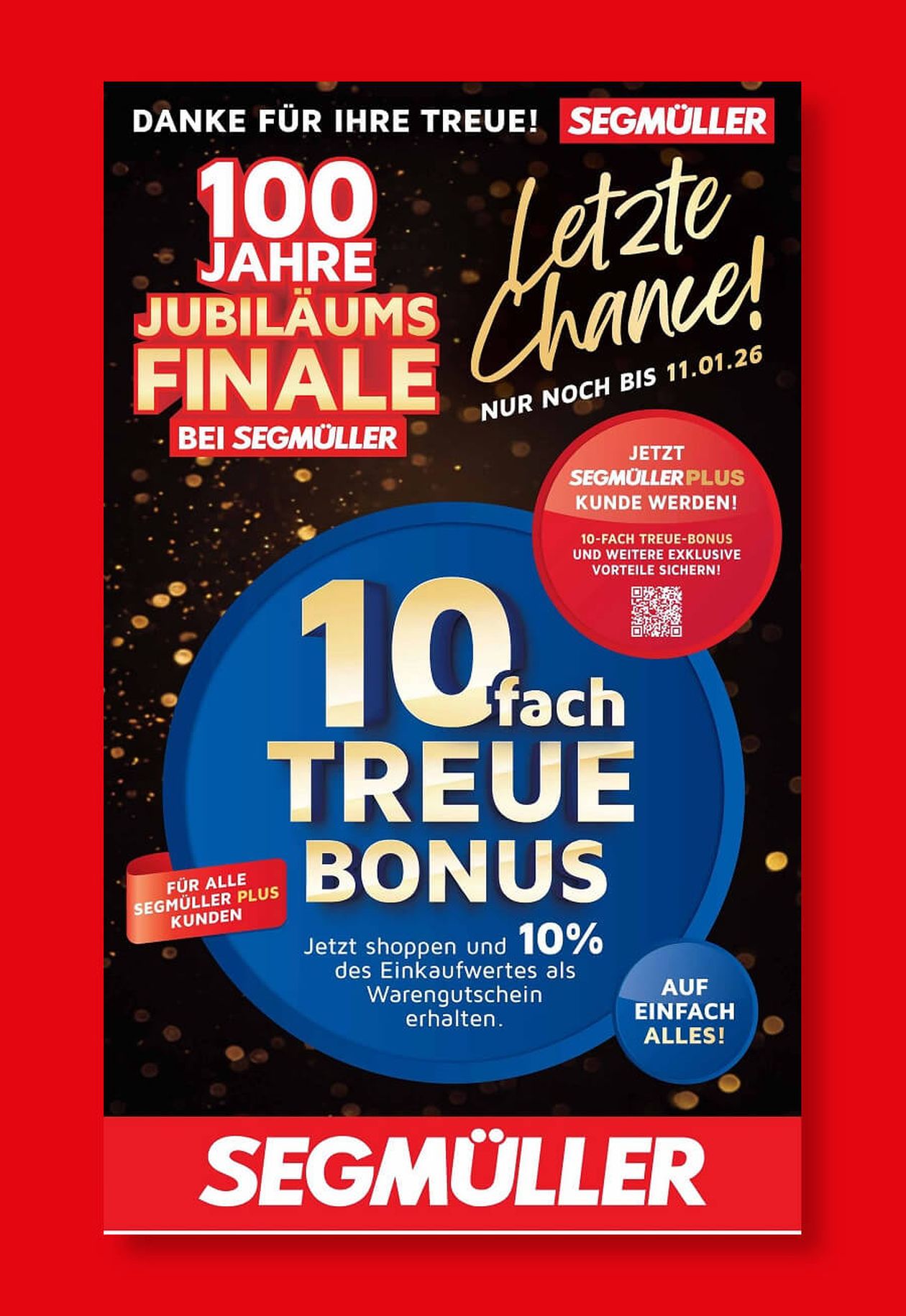 Titel eines SEGMÜLLER Werbeprospekts auf rotem Hintergrund mit blauem Kreis und goldener Schrift.