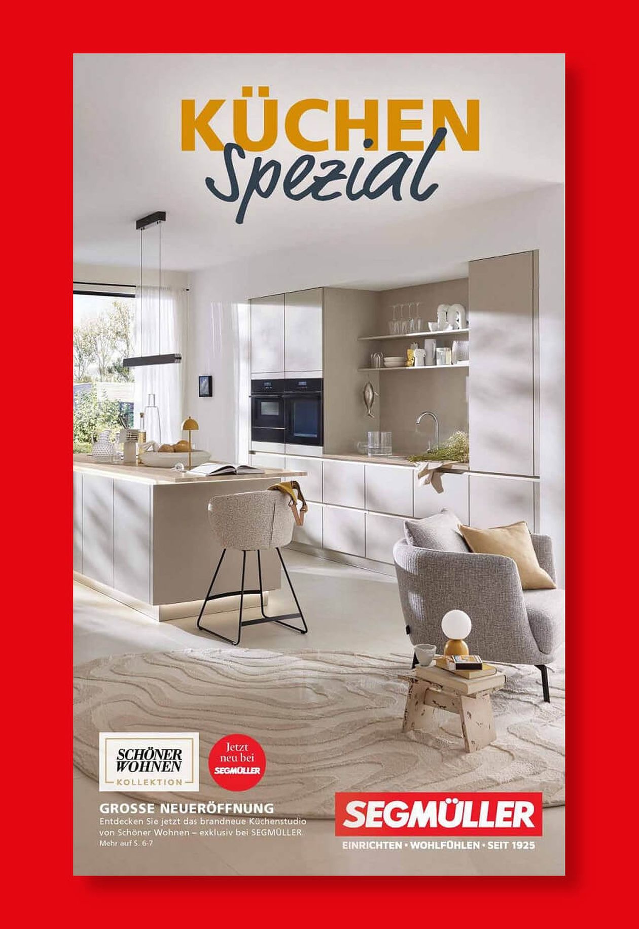 Titel eines SEGMÜLLER Werbeprospekts auf rotem Hintergrund mit heller Wohnküche.