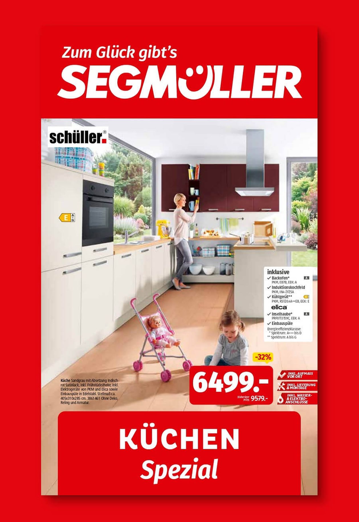 Segmüller Werbeflyer: Frau in moderner Küche, Kind spielt auf dem Boden, Puppenwagen im Vordergrund, Sonderpreis für Küchenset 6499 Euro.